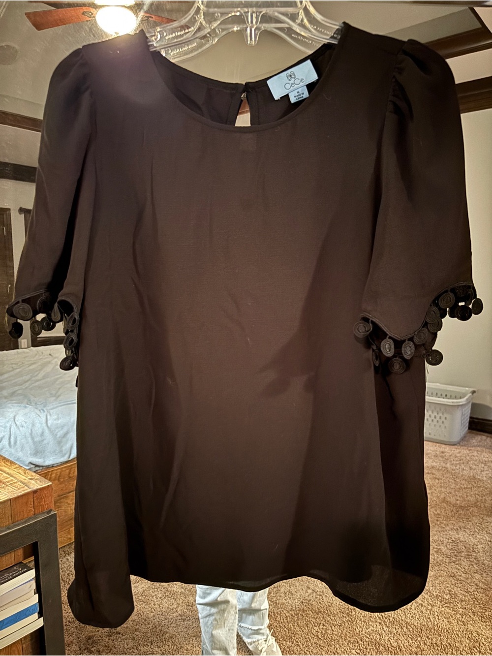 CeCe Black Short Sleeve Blouse with Pom Trim Sleeves